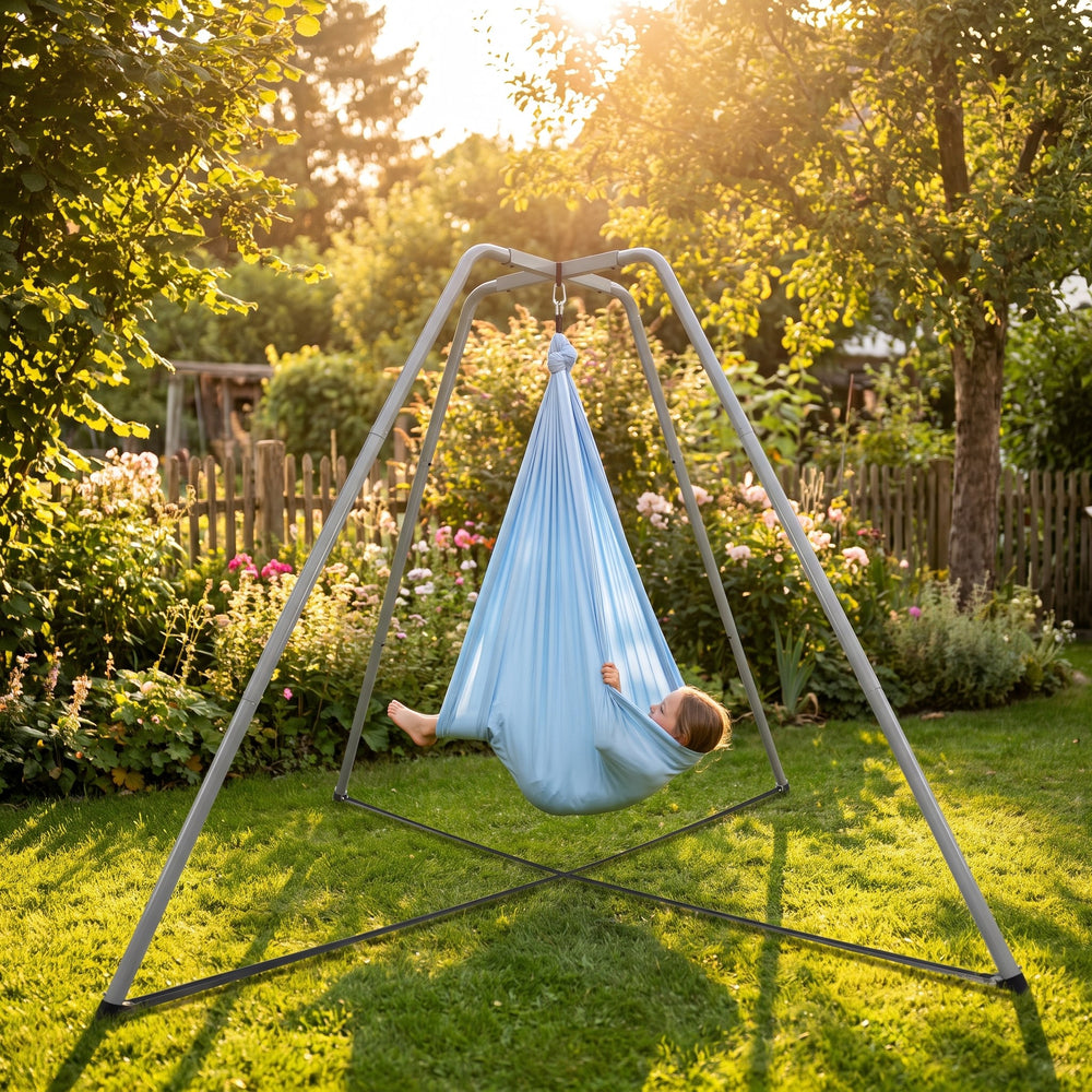 Kind entspannt in hellblauer Therapieschaukel am freistehenden Schaukelgestell im Garten