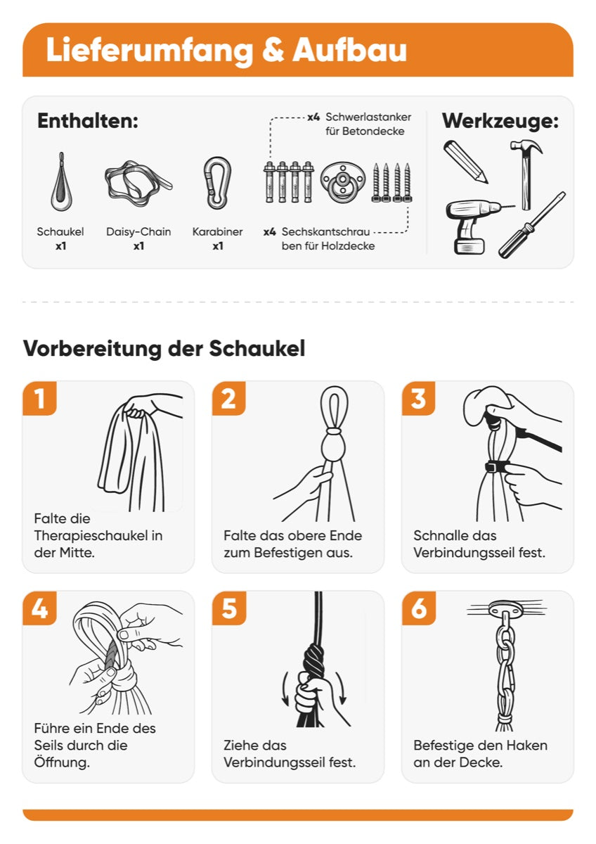 Nubbli Lieferumfang & Vorbereitung – Schaukel, Daisy-Chain, Karabiner, Deckenhaken und Schrauben