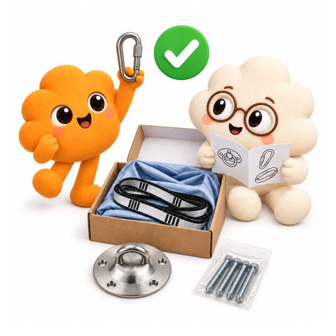 Zwei Wolkis packen den Karton aus: Schaukeltuch, Verlängerungsgurt, Deckenhalterung, Karabiner, Schrauben und Anleitung